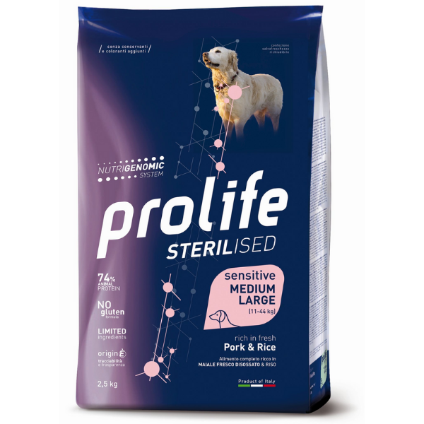Sacco da 12 kg Prolife Sterilised Sensitive Maiale Riso per cane adulto taglia media e grande Sacco da 12 kg Prolife Sterilised Sensitive Maiale Riso per cane adulto taglia media e grande